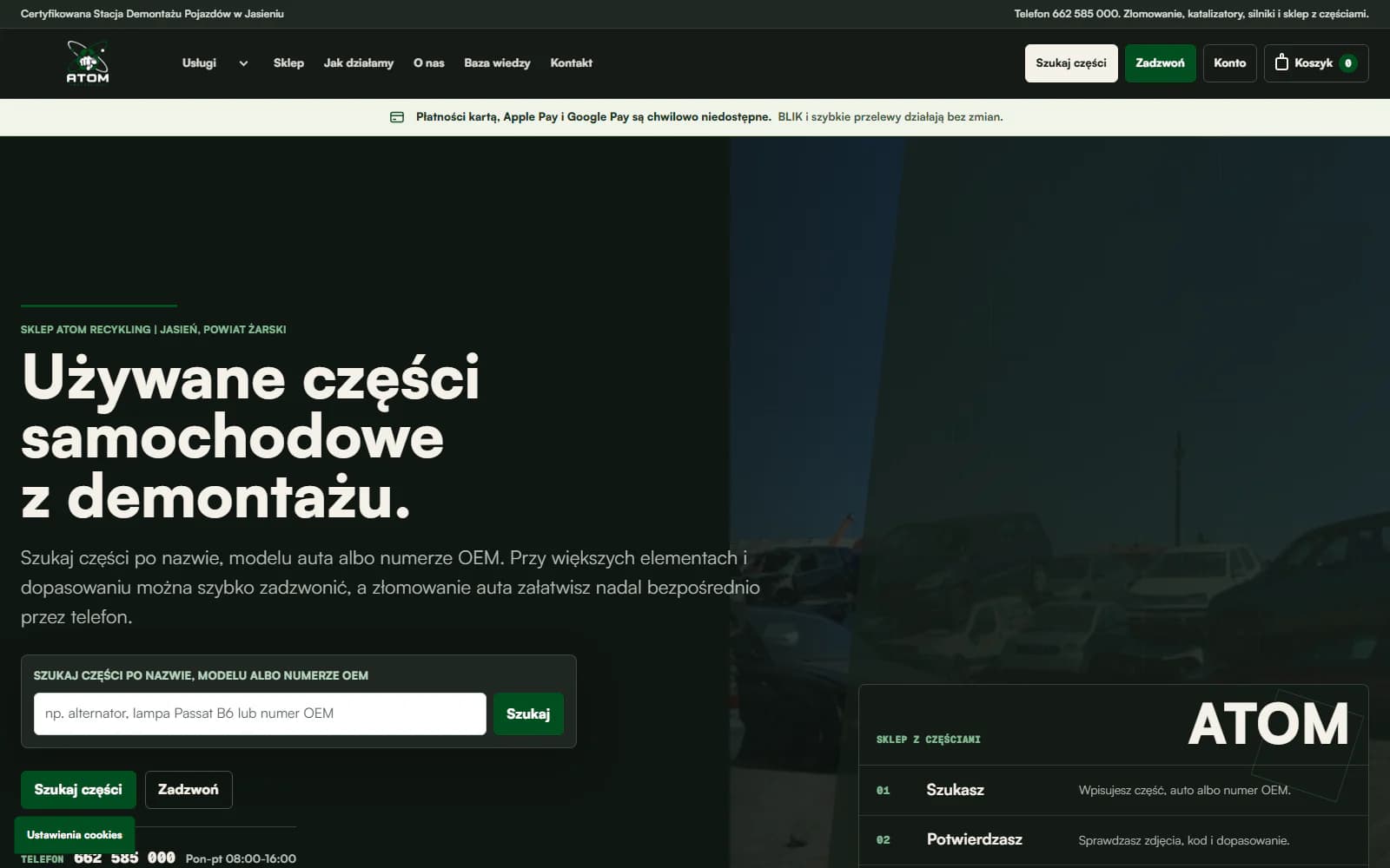 Strona główna ATOM Recykling z wyszukiwarką używanych części samochodowych